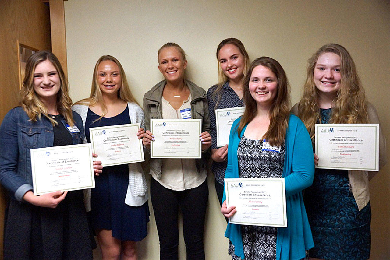 The Stanwood-Camano Branch of AAUW on May 12 recognized nine young women for their abilities in science, technology, engineering and math: from left, Hannah Grierson, Saylor Anderson, Emily Senyitko, Paige Shimkus, Alicia Fanning and Lyndsie Holden. Not pictured are Palina Buchanan, Melissa Christoferson and Teaghen Eddy. (Contributed photo)