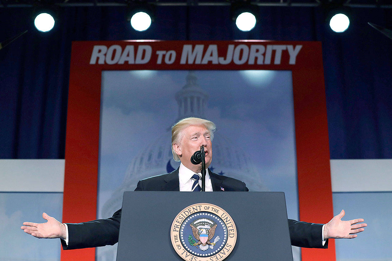 President Donald Trump speaks to a Faith and Freedom conference at the Omni Shoreham Hotel on Thursday in Washington. (AP Photo/Jacquelyn Martin)