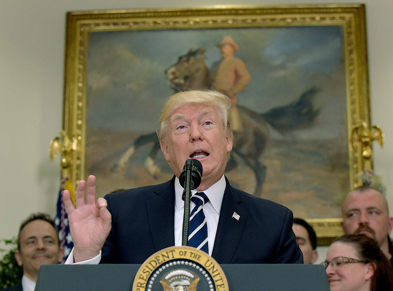 President Donald Trump speaks in the Roosevelt Room of the White House in Washington on Thursday during an event on workforce initiatives. (AP Photo/Susan Walsh)