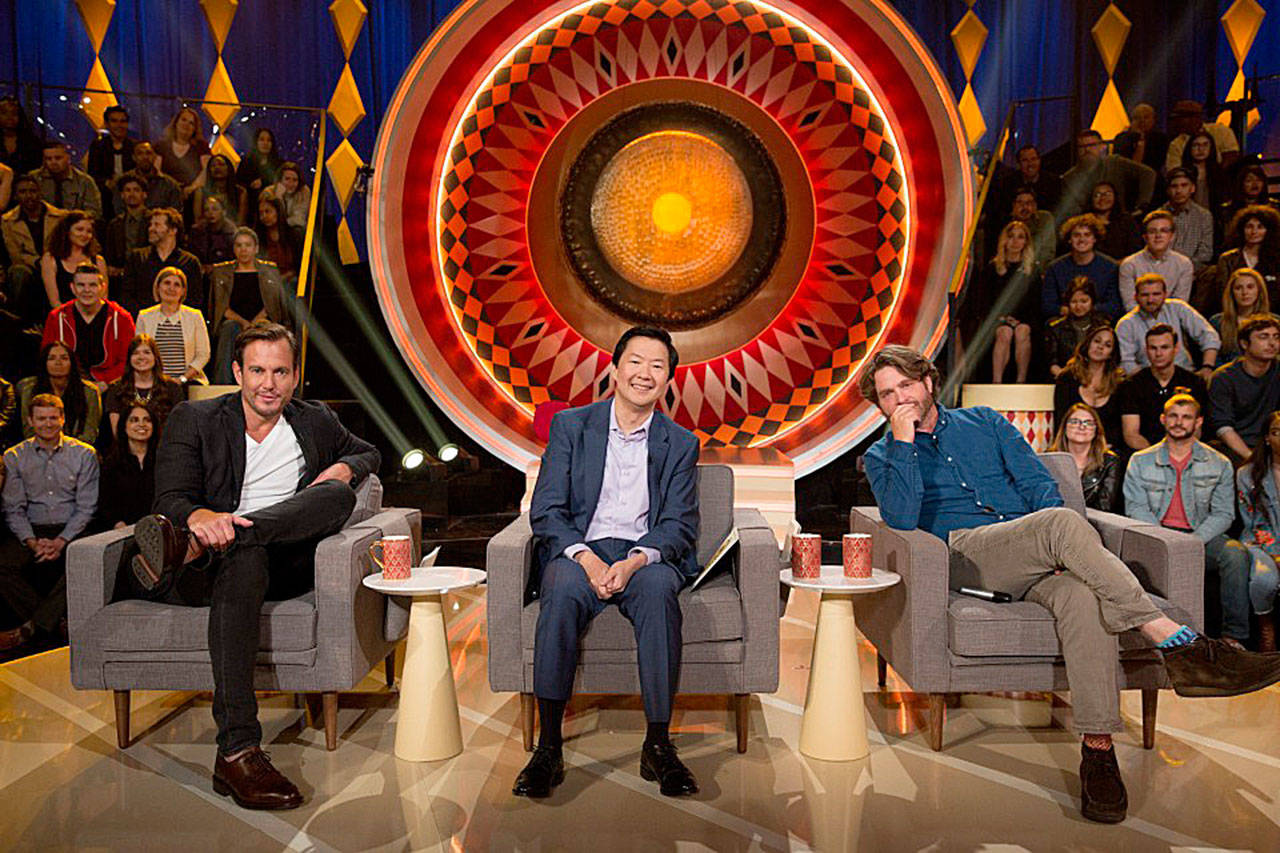 (From left) producer Will Arnett, Ken Jeong and Zach Galifianakis are part of ABC’s “The Gong Show.” (Greg Gayne / ABC)