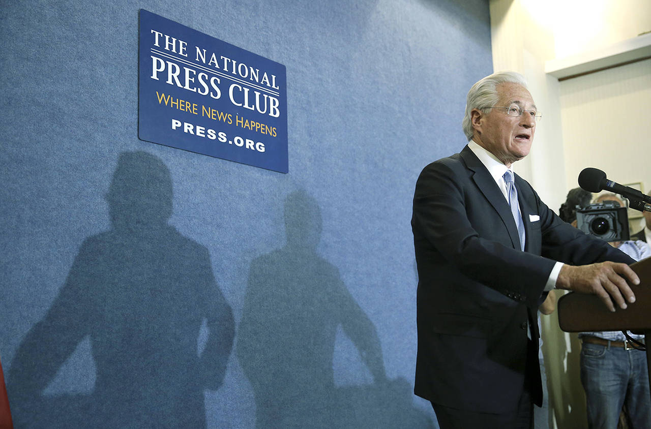 President Donald Trump’s personal attorney Marc Kasowitz speaks to members of the media at the National Press Club in Washington on Thursday, June 8. (AP Photo/Pablo Martinez Monsivais)