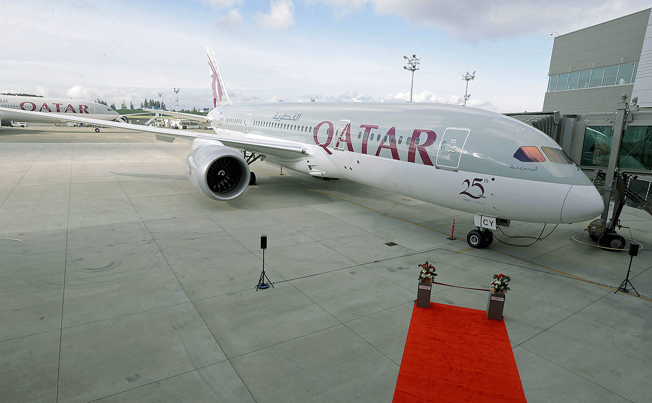 A Boeing 787 airplane purchased by Qatar Airways is shown during a delivery ceremony in Everett on Nov. 4, 2015. Qatar Airways, announced Sunday, June 11, 2017, that its net profits reached $540 million in its latest financial disclosure before the airline was blocked from flying to major Arab states. Analysts estimate that a political standoff in the Gulf between Qatar and other Arab states will cost the airline heavily after Saudi Arabia, the United Arab Emirates, Egypt and Bahrain cut ties with Qatar and blocked direct flights with the country. (AP Photo/Ted S. Warren, File)