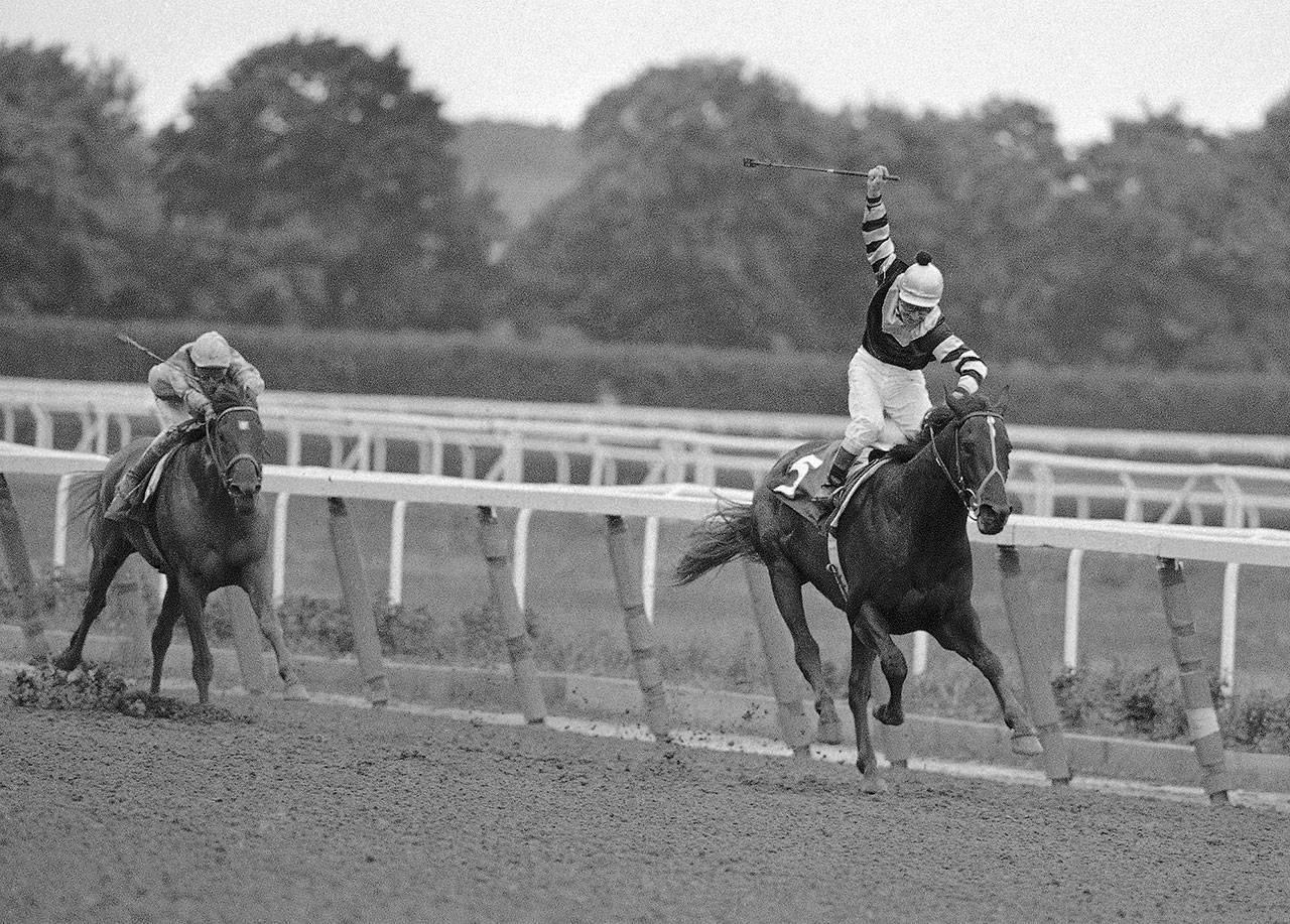 Jockey Jean Cruguet rides Seattle Slew to the finish line at the Belmont Stakes on June 11, 1977 at Elmont, New York. Seattle Slew won the race, clinching the Triple Crown at Belmont Park. (Associated Press archive)