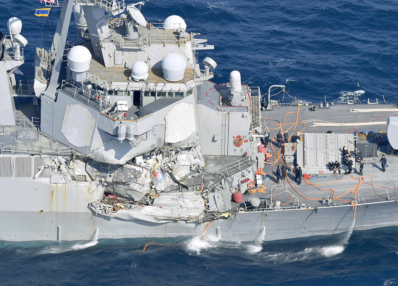The damage of the right side of the USS Fitzgerald is seen off Shimoda, Shizuoka prefecture, Japan, after the Navy destroyer collided with a merchant ship. (Iori Sagisawa/Kyodo News via AP)