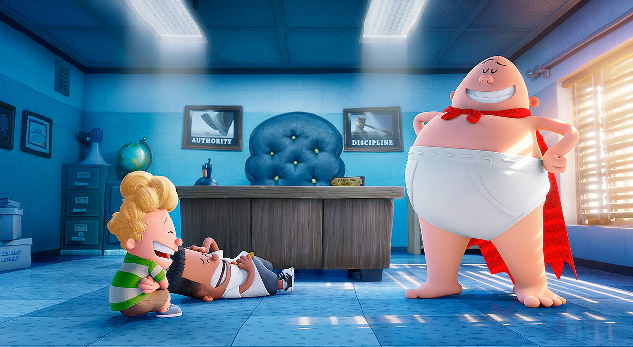 Harold (left), voiced by Thomas Middleditch, George, voiced by Kevin Hart and Captain Underpants, voiced by Ed Helms, in a scene from “Captain Underpants: The First Epic Movie.” (DreamWorks Animation via AP)