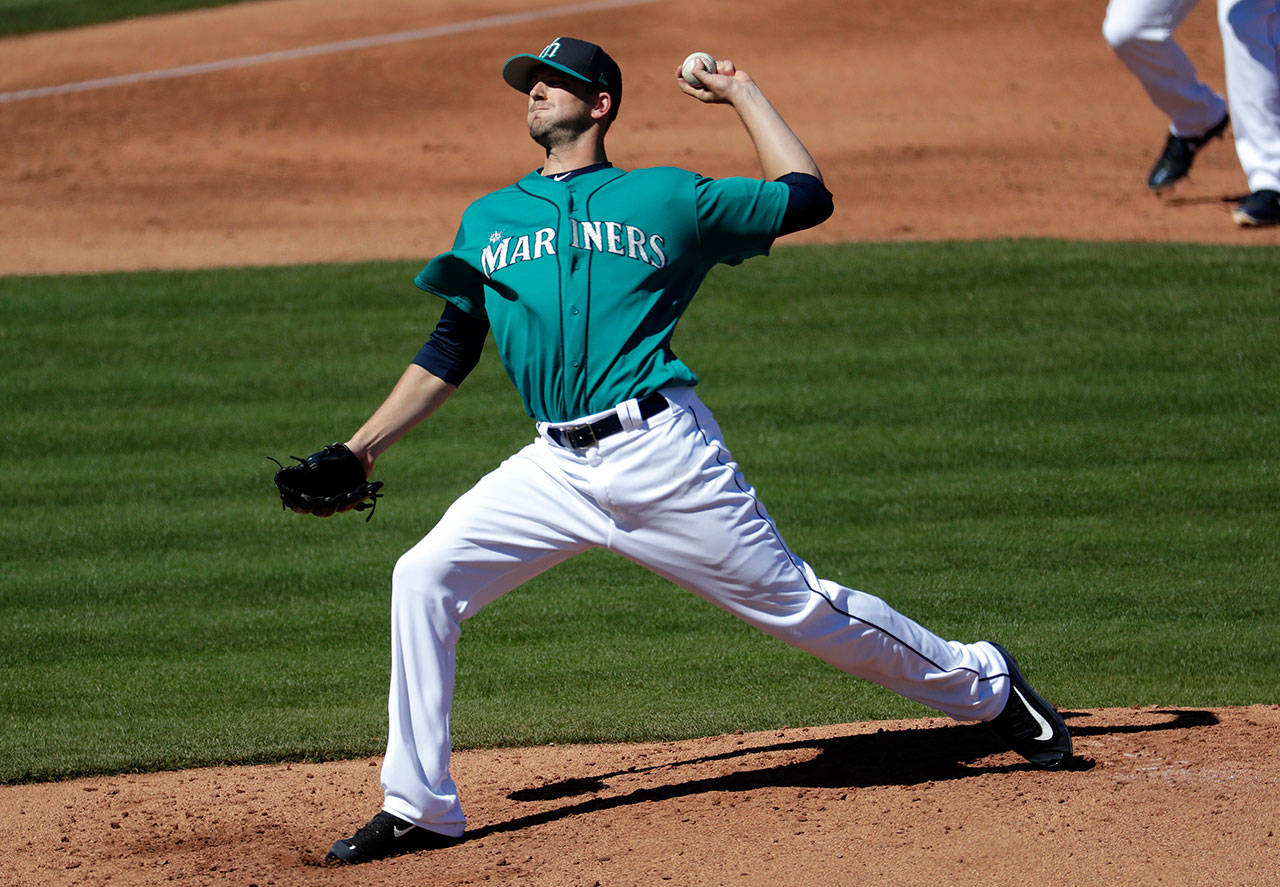 Mariners starting pitcher Drew Smyly throws against the Rangers during a spring training game on March 6, 2017, in Peoria, Ariz. (AP Photo/Matt York)