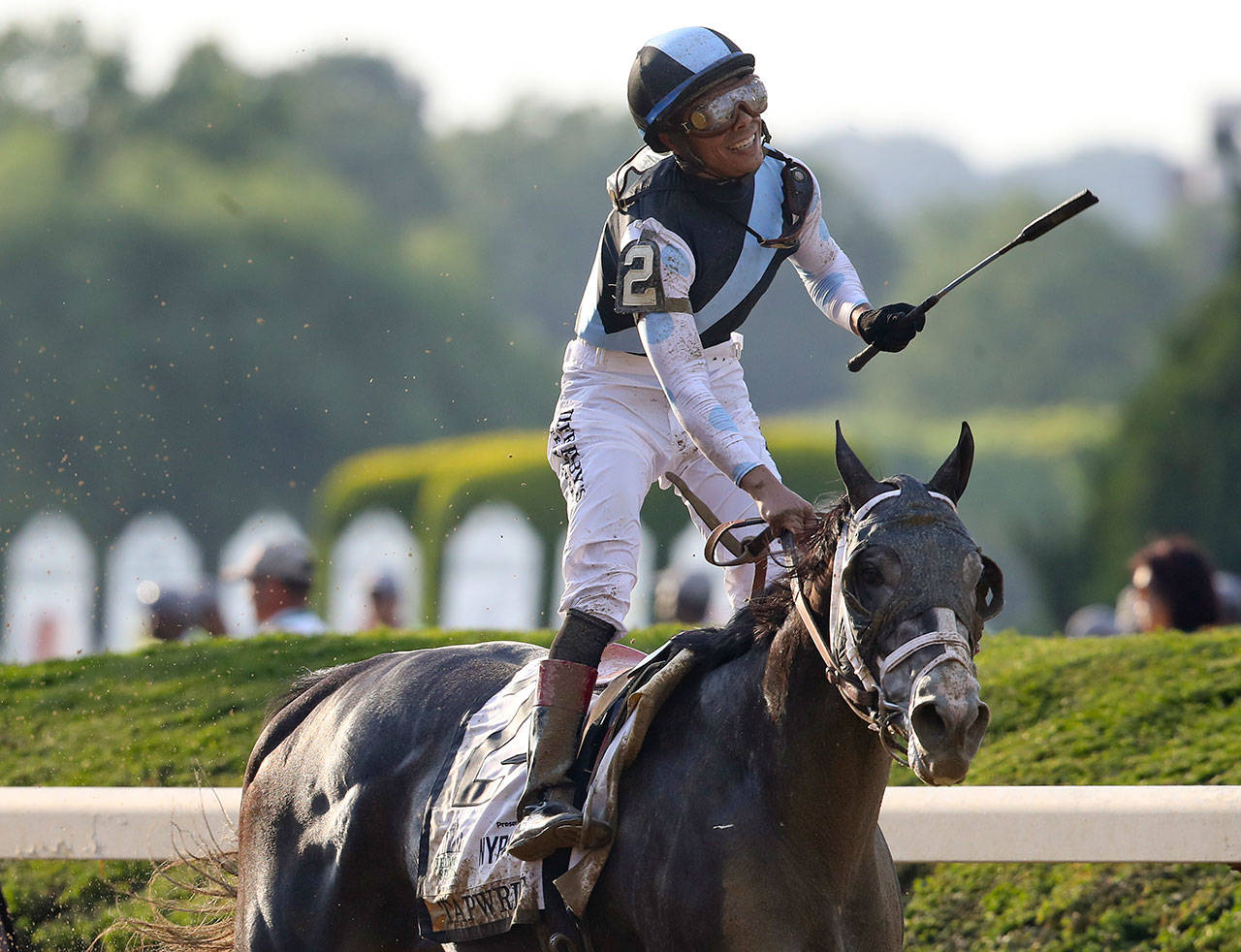 Jose Ortiz celebrates after riding Tapwrit to victory in the 149th running of the Belmont Stakes on June 10, 2017, in Elmont, New York. (AP Photo/Mary Altaffer)