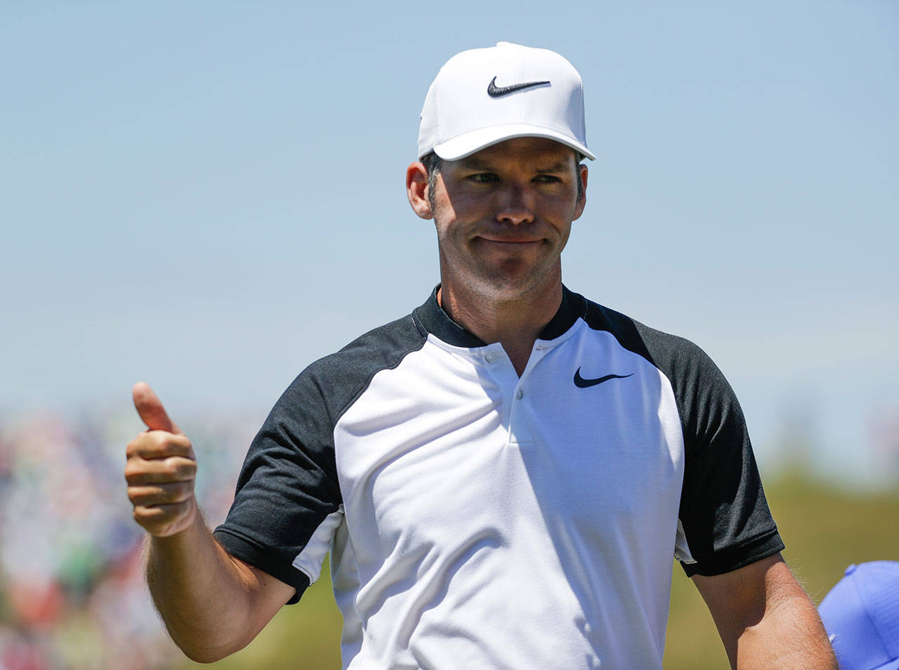 Paul Casey gives a thumbs up on the ninth hole during the second round of the U.S. Open on June 16, 2017, at Erin Hills in Erin, Wis. (AP Photo/Chris Carlson)
