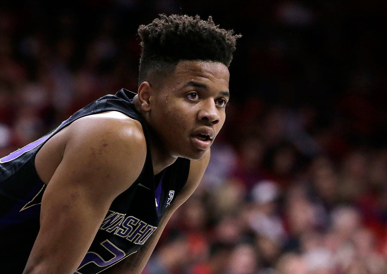Washington guard Markelle Fultz (20) in action during a game against Arizona on Jan. 29 in Tucson, Ariz. Fultz is the likely No. 1 pick in the NBA draft on June 22. (AP Photo/Rick Scuteri, File)