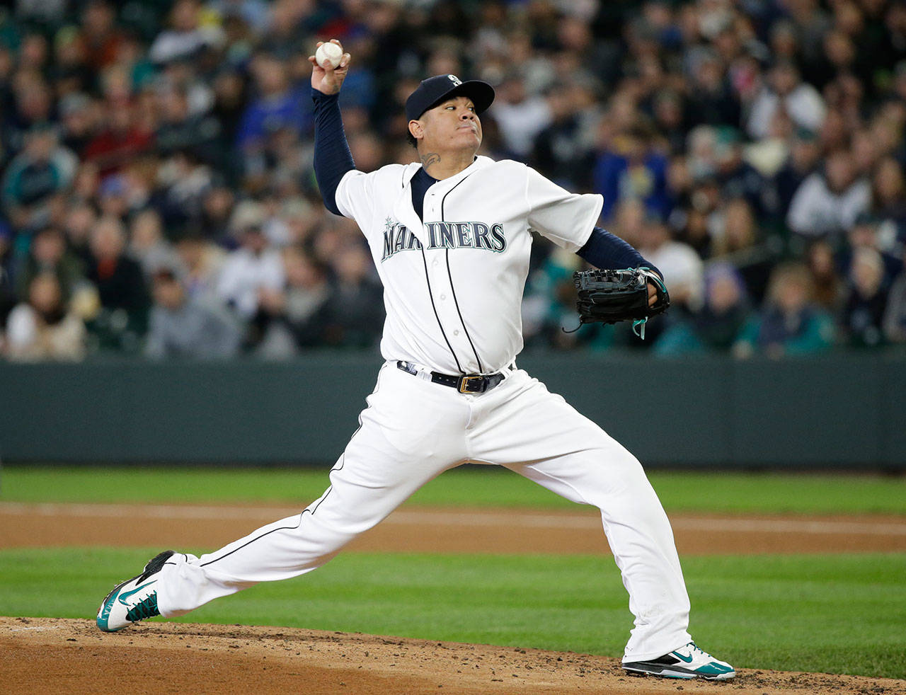 Mariners starting pitcher Felix Hernandez in action against the Marlins on April 19, 2017, in Seattle. (AP Photo/Elaine Thompson)