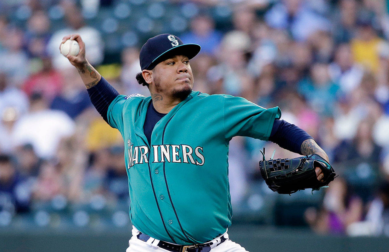 Mariners starting pitcher Felix Hernandez throws to the Astros during the first inning of a game June 23, 2017, in Seattle. (AP Photo/Elaine Thompson)