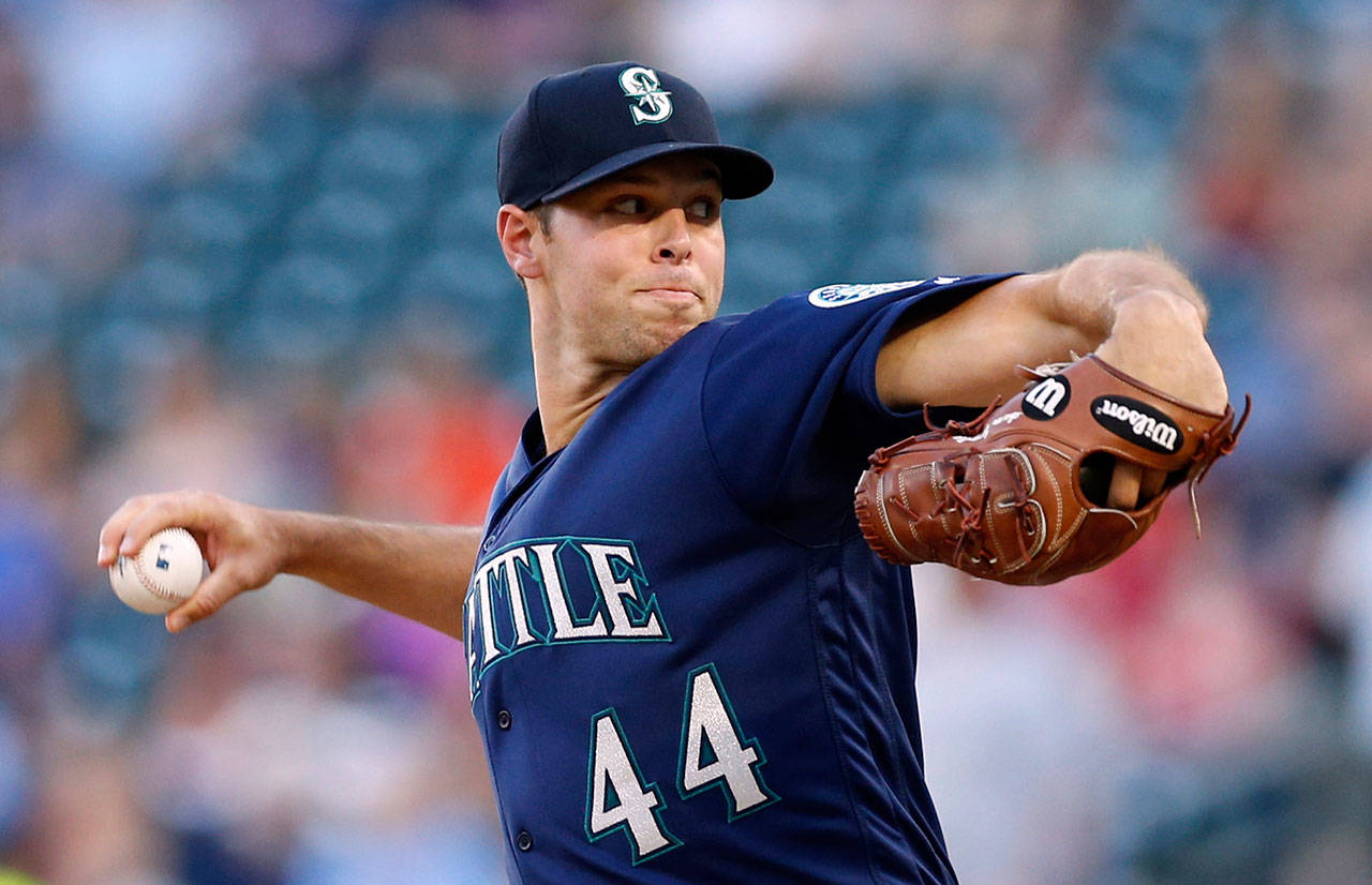 Mariners pitcher Sam Gaviglio throws to the Twins during the first inning of a game June 14, 2017, in Minneapolis. (AP Photo/Jim Mone)