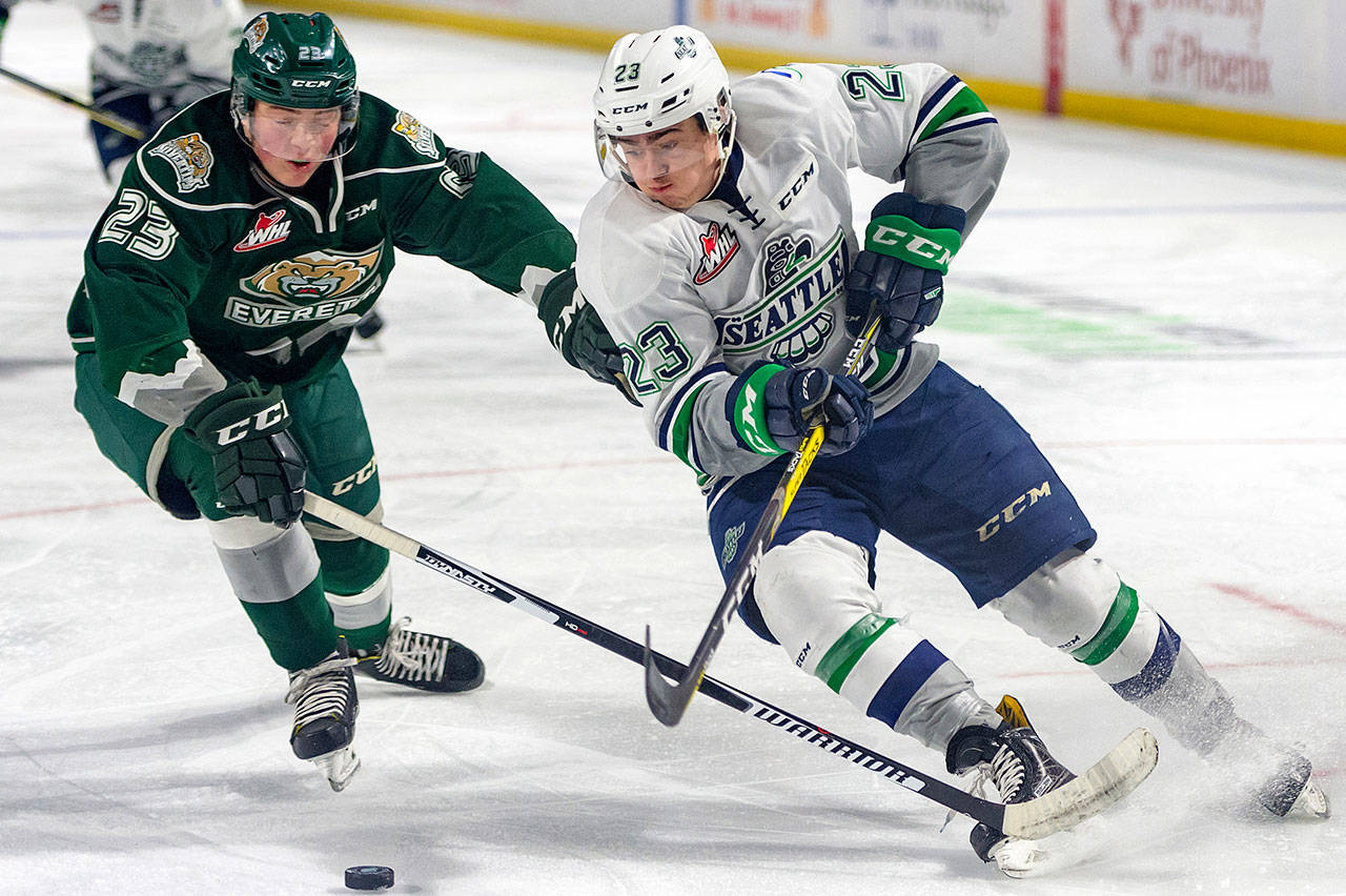 Snohomish County native Luke Olmsby (right) had six goals and five assists in 65 regular-season games with the Seattle Thunderbirds this past season. (Brian Liesse / Seattle Thunderbirds)