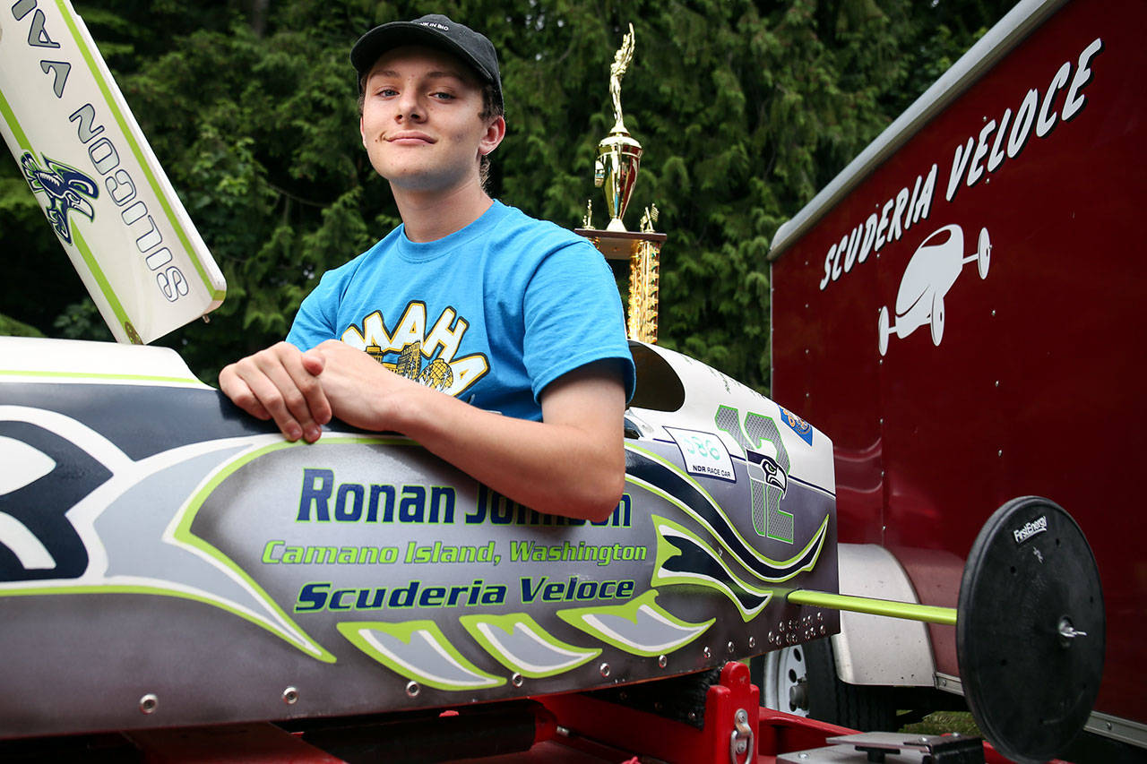 Ronan Johnson, 15, of Camano Island, won the National Derby Rallies Championships of Soap Box Derby Gravity Racing in Omaha on June 11. (Kevin Clark / The Herald)