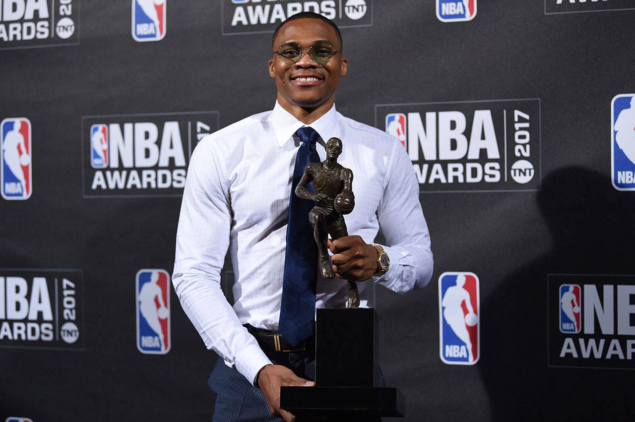 NBA Most Valuable Player, Best Style & Game Winner Award winner, Russell Westbrook, poses at the NBA Awards at Basketball City at Pier 36 on Monday in New York. (Photo by Evan Agostini/Invision/AP)