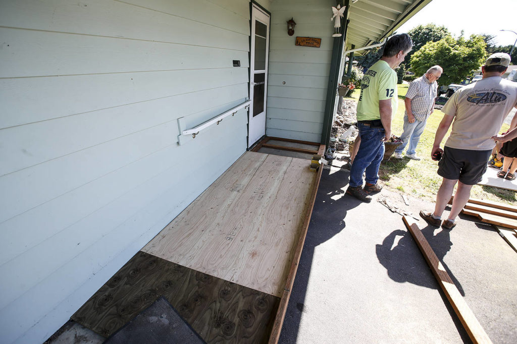 A wheelchair ramp is seen during construction in Marysville on Saturday, May 27. (Ian Terry / The Herald)
