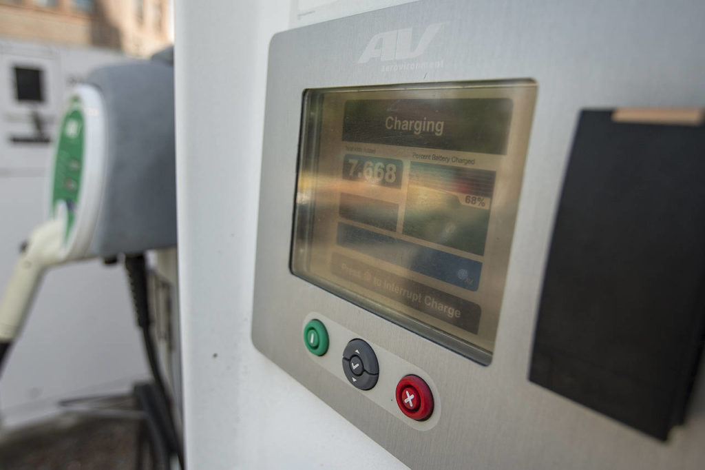 An electric vehicle charging station is seen in Sultan on Wednesday, June 7. (Ian Terry / The Herald)
