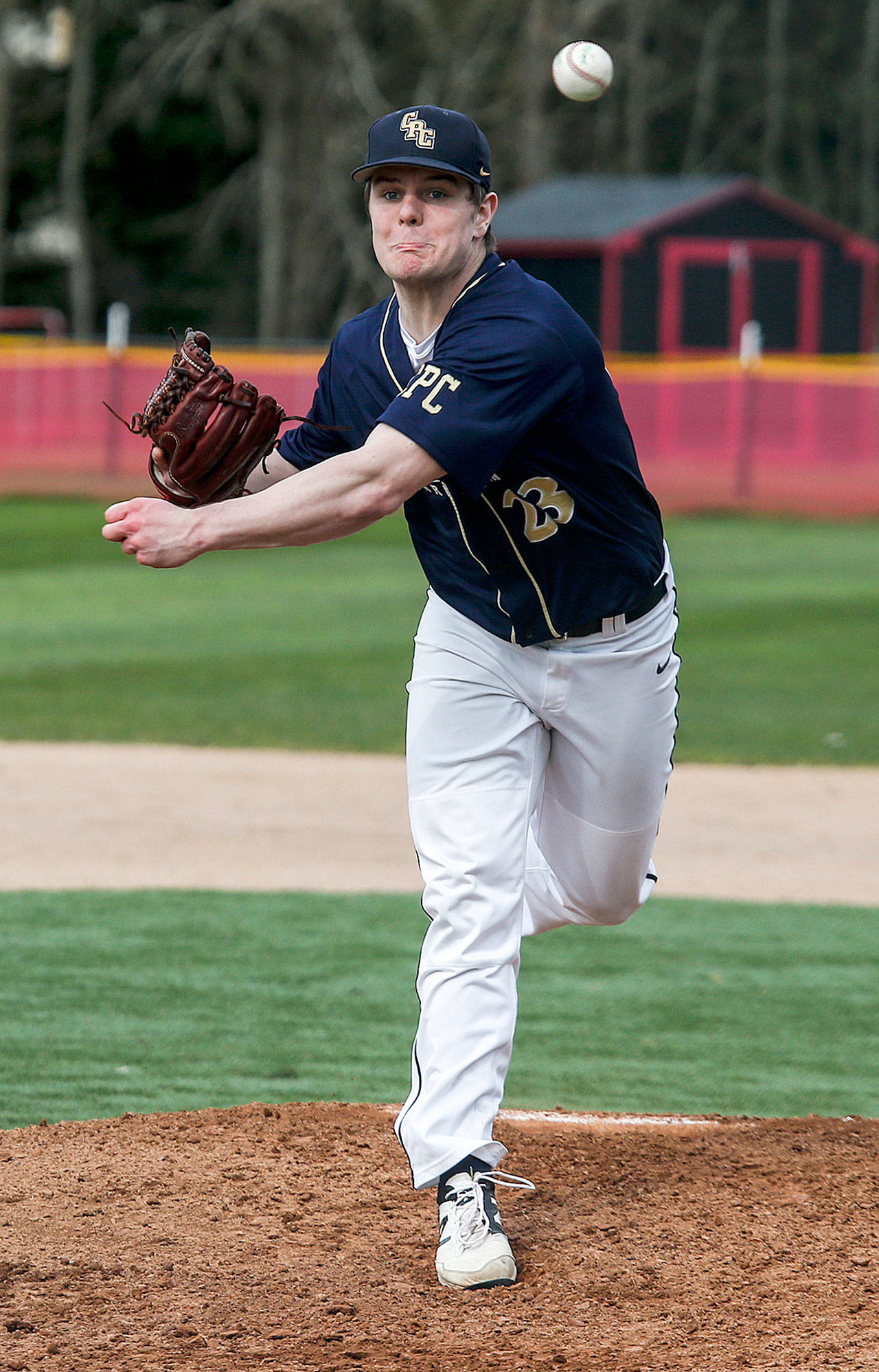 Cedar Park Christian’s Jack Flynn delivers a pitch during a game against Archbishop Murphy on April 11. Flynn is a first-team All-Cascade Conference selection. (Ian Terry / The Herald)