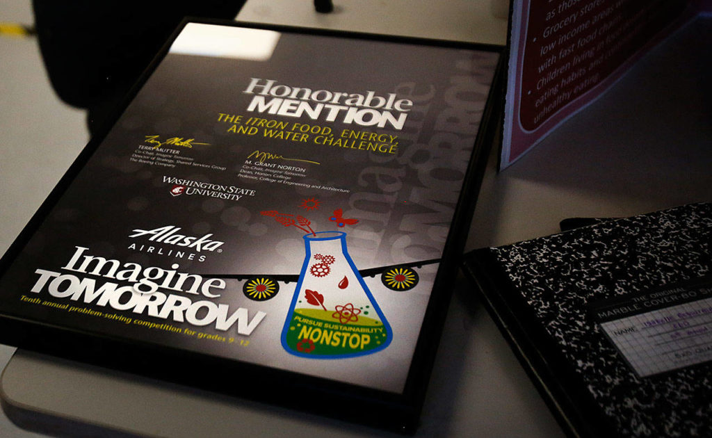 With their refrigerator-turned-hydroponic garden, Isabelle Eelnurme and Elise Gooding received an honorable mention at the Imagine Tomorrow engineering fair at Washington State University, where more than 100 teams competed. (Dan Bates / The Herald)
