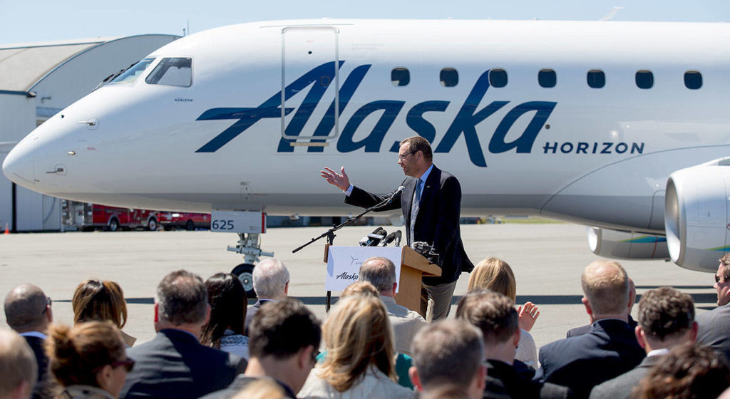 Alaska Airlines CEO Brad Tilden talks during the groundbreaking ceremony for the new Paine Field passenger terminal on Monday in Everett. (Andy Bronson / The Herald) 
