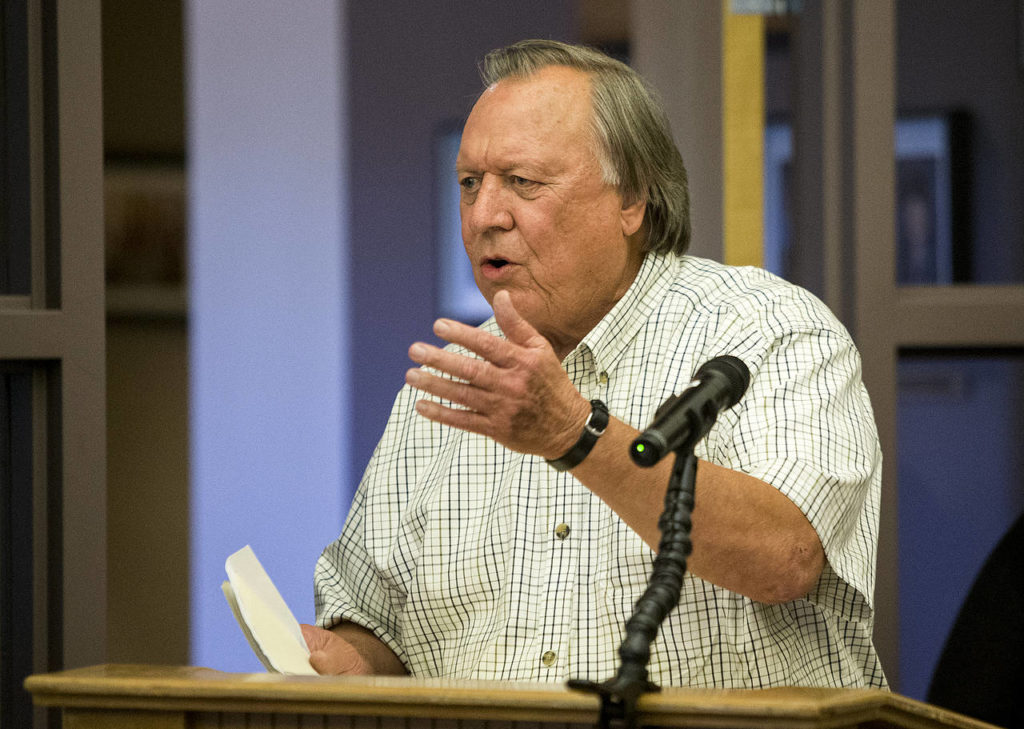 Morgan Davis comments on the City of Snohomish’s social media use during a Snohomish City Council meeting. (Ian Terry / The Herald)
