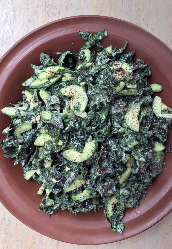 This kale and cucumber salad is topped with tahini-lemon dressing. (Photo by Erin Pride-Swaney)
