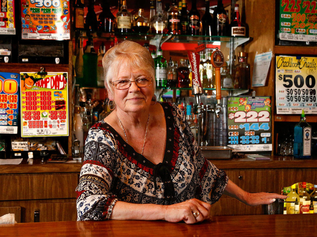 Sue Brauch, 76, is retiring this week after 13 years behind the bar at Patty’s Eggnest in Everett. Brauch was a bartender for more than 50 years. (Dan Bates / The Herald)
