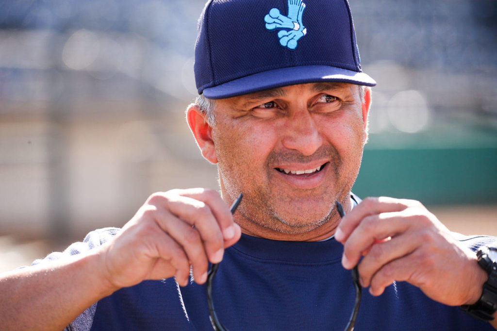 Jose Moreno retakes the manager position of the Aquasox during the first day of training at Everett Memorial Stadium in Everett on June 11, 2017. (Kevin Clark / The Herald)
