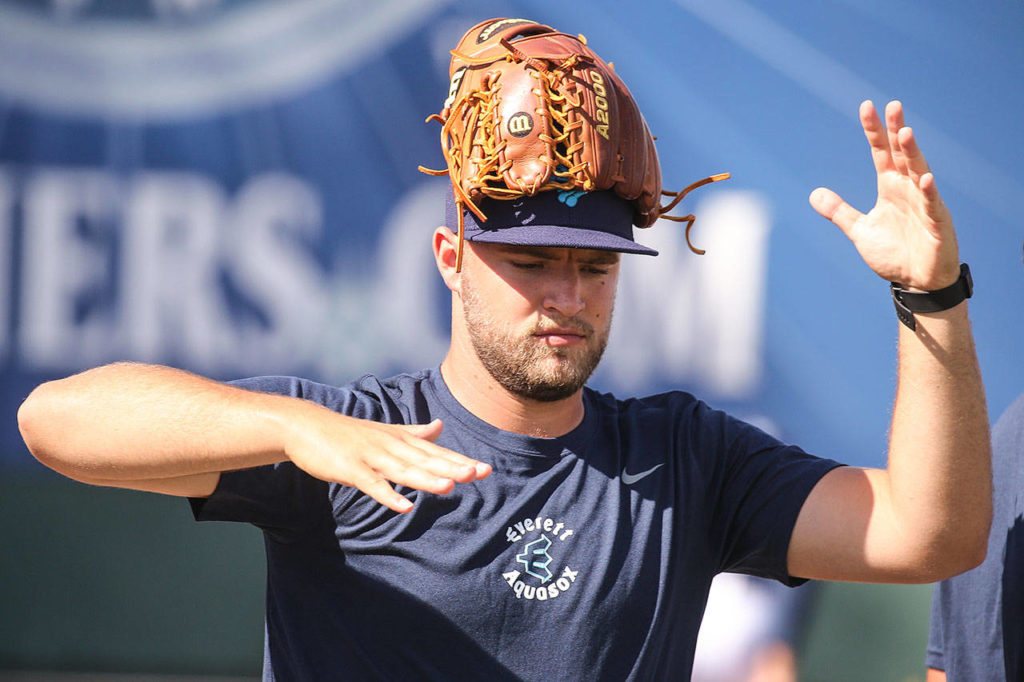 Dave Ellington loosens up during the Aquasox’s first day of training at Everett Memorial Stadium in Everett on June 11, 2017. (Kevin Clark / The Herald)
