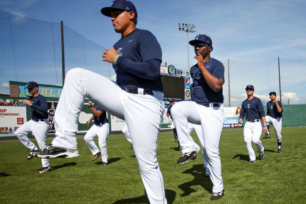 The boys of summer loosen up during the Aquasox’s first day of training at Everett Memorial Stadium in Everett on June 11, 2017. (Kevin Clark / The Herald)
