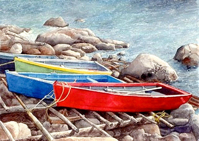 Vibrant color is important in Harold’s watercolors, such as this recent shore scene. A group of her paintings will be exhibited in the Edmonds Arts Festival Foundation Gallery during the festival.