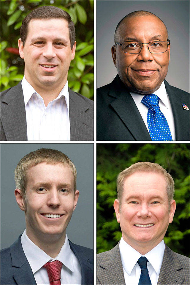 Candidates for Snohomish County Council, District 1, are (clockwise from top left) Chris Ihler, Ray Miller, Robert Sutherland and Nate Nehring.