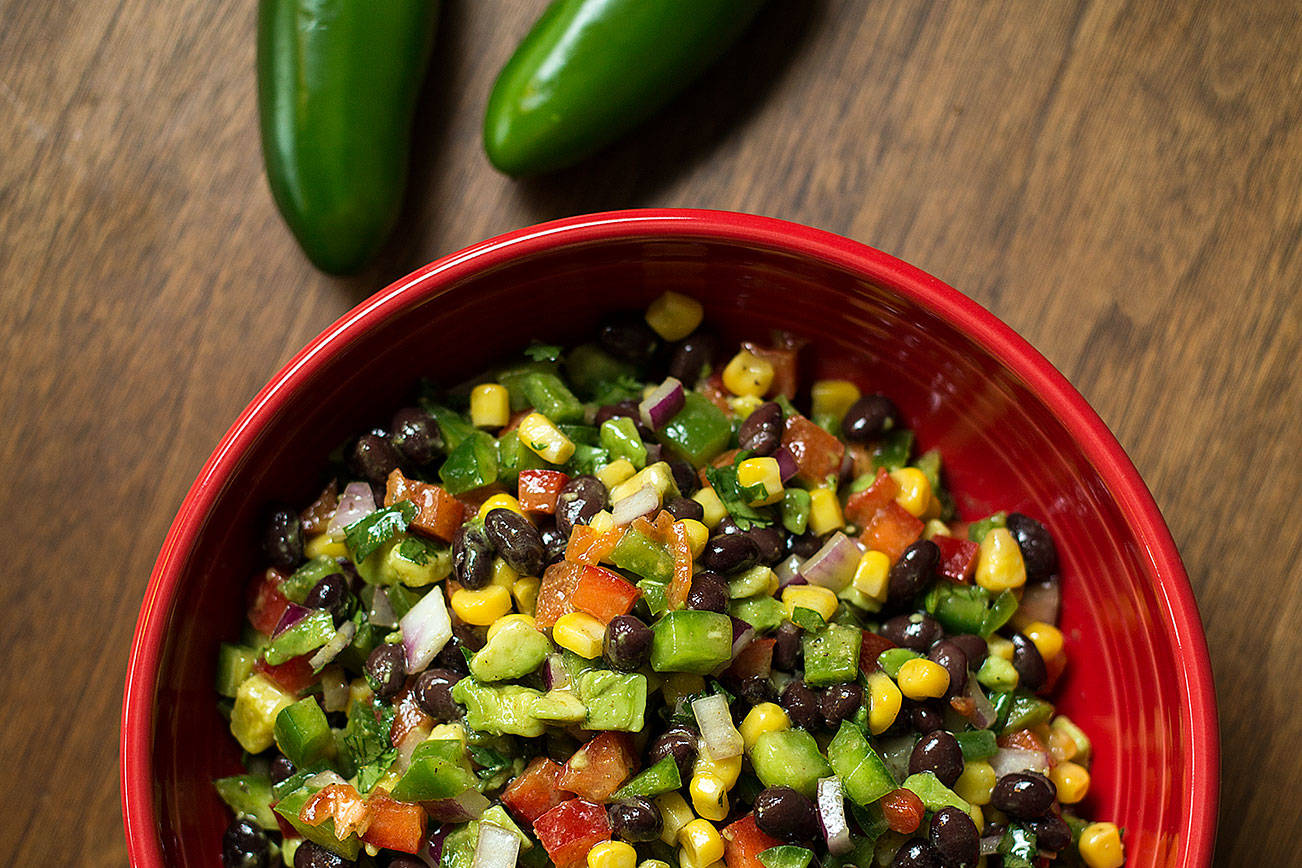 Joel Bruestle’s black bean salsa. A chunky salsa with black beans, corn, bell peppers, hot peppers, red onion, cilantro, lime juice and cumin. (Andy Bronson / The Herald)