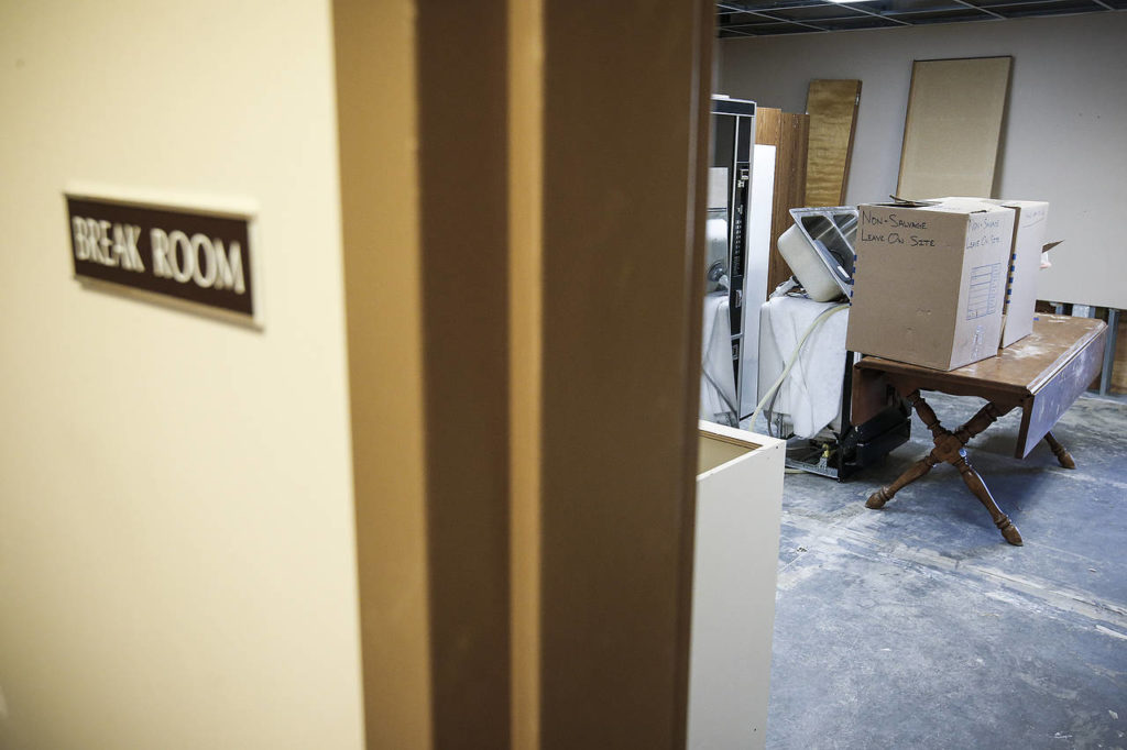 The break room is seen with water damage. (Ian Terry / The Herald)
