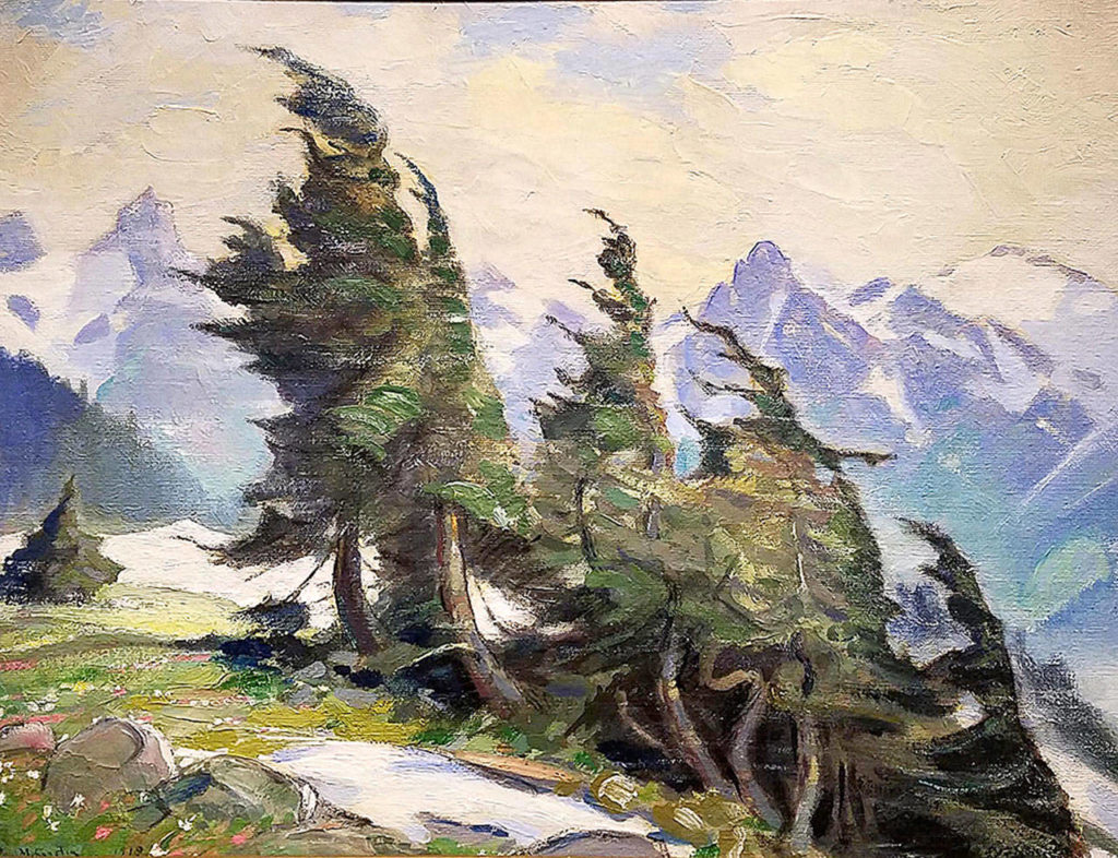 Painted in 1919, “Mountain Trees on Ridge Above Nisqually Glacier with the Tatoosh Mountains in Background” is an example of Gustin’s love of Northwest scenes.
