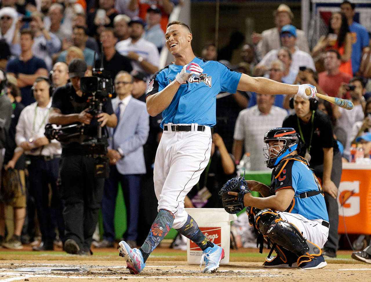 Aaron Judge smiles as he competes during the MLB baseball All-Star Home Run Derby on Monday in Miami. (AP Photo/Lynne Sladky)