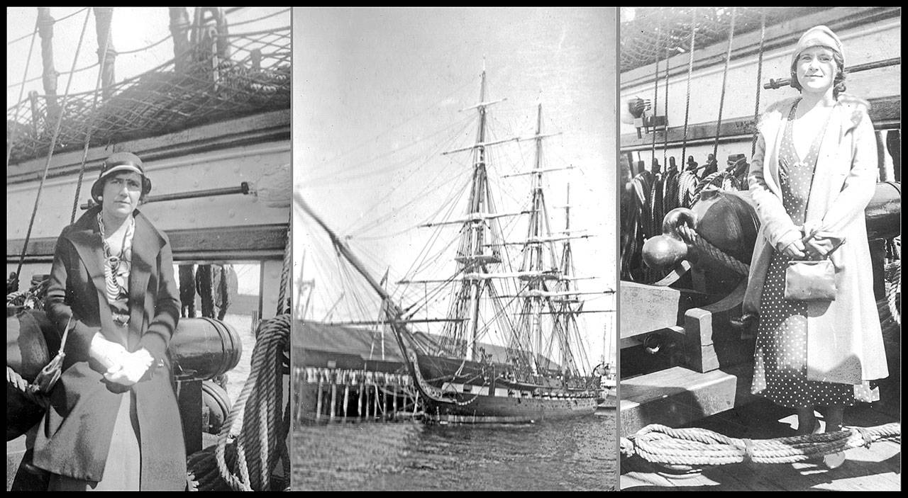 Flora Hoekendorf, left, and Louise Hoekendorf flank Old Ironsides at Everett’s Pier 1. (Photo courtesy of Ruth Heib)