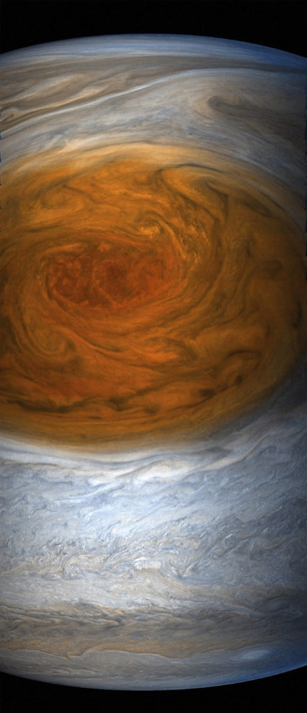 This enhanced image was created using data from the Juno spacecraft during its seventh close flyby of the planet. (Seán Doran/Gerald Eichstädt/MSSS/SwRI/NASA via AP)
