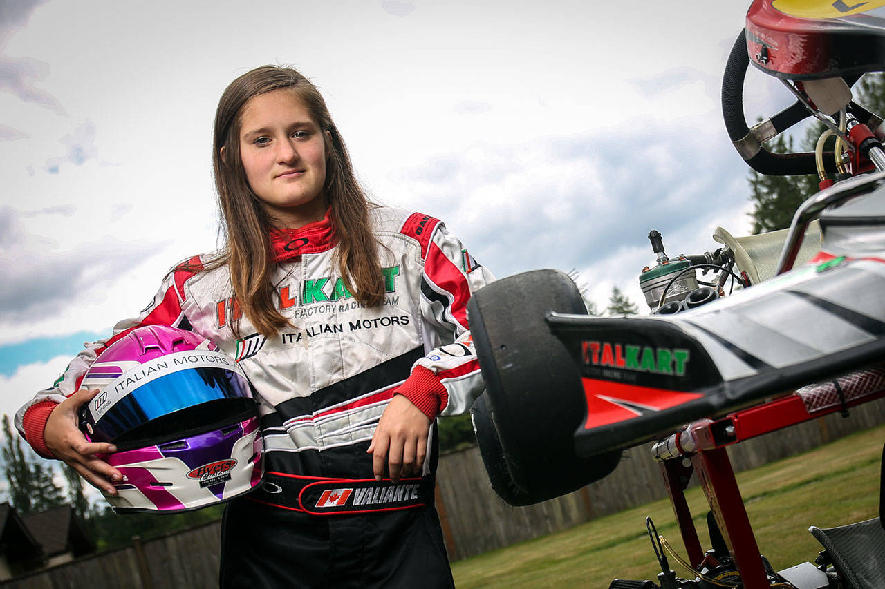 Ellie Musgrave, 14, of Snohomish is a top driver on the go-kart circuit. (Kevin Clark / The Herald)