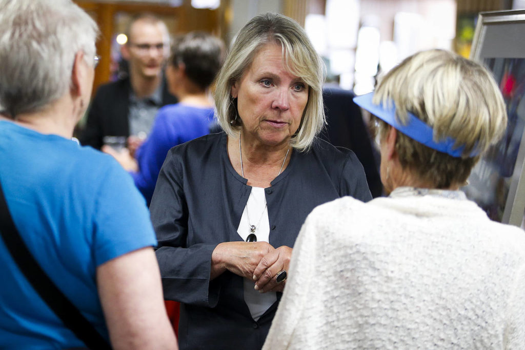 Everett mayoral candidate Judy Tuohy at a public event held at GroWashington in Everett on July 19. (Ian Terry / The Herald)
