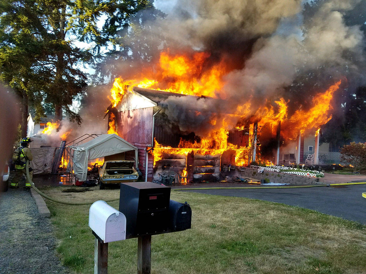 One man was injured in a fire that destroyed an Everett home Friday evening. (Snohomish County Fire District 1)