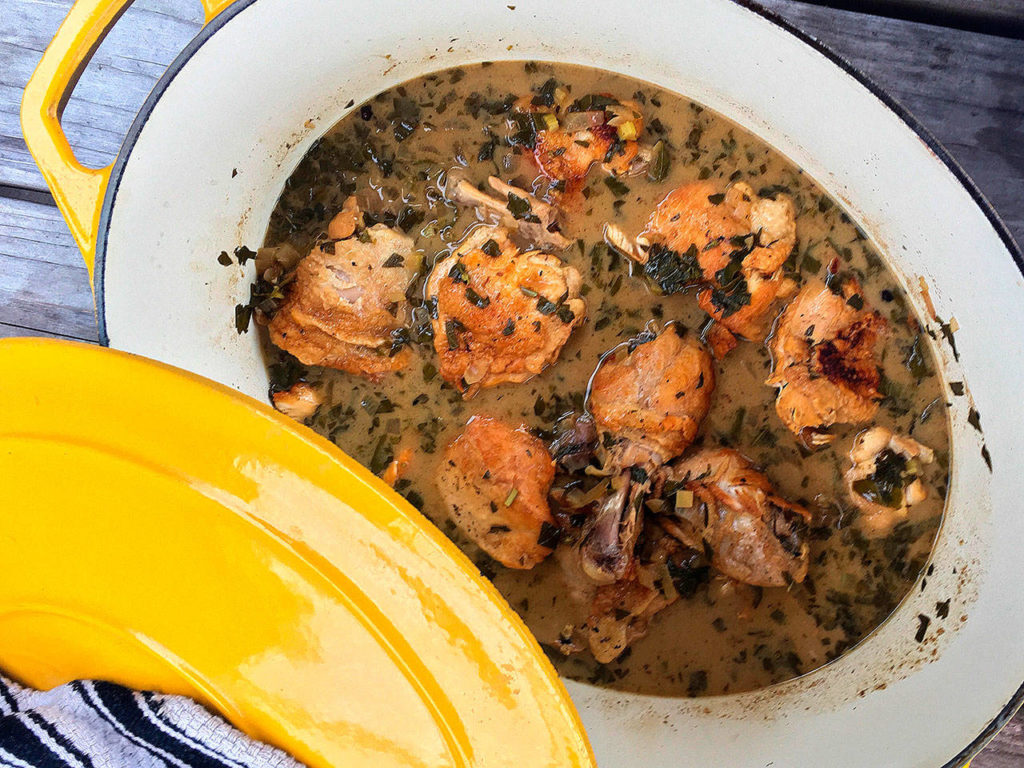 Vinegar chicken features chicken braised with herbs in a vinegar, lemon and a white wine sauce. (Erin Pride-Swaney / For The Herald)
