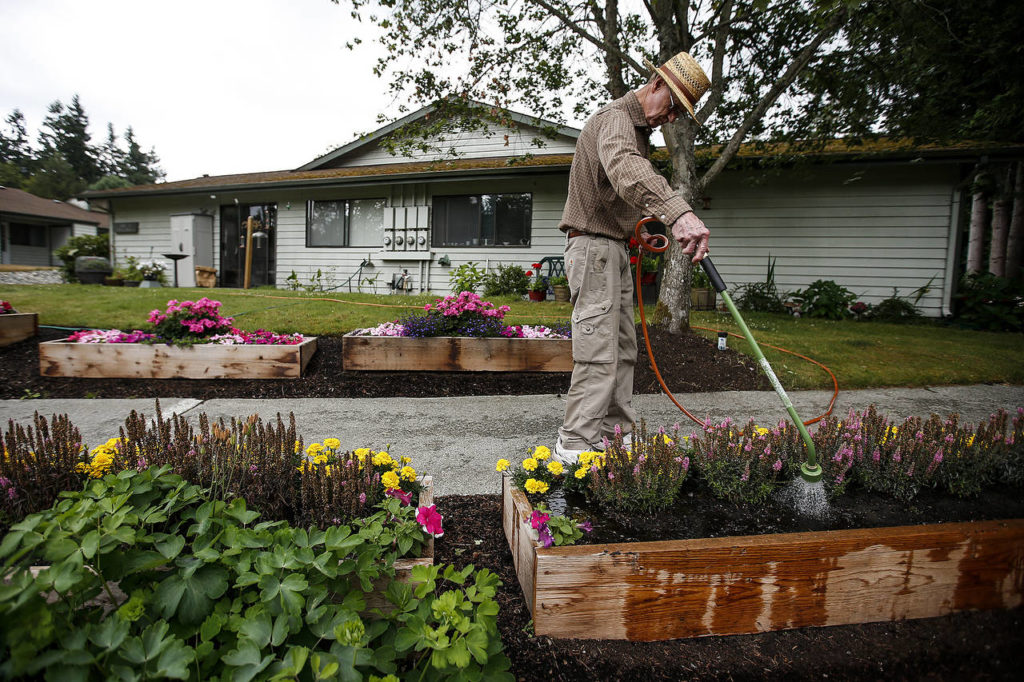 Orval Heath waters his flowers outside his home in the Warm Beach Senior Community on July 20. (Ian Terry / The Herald)
