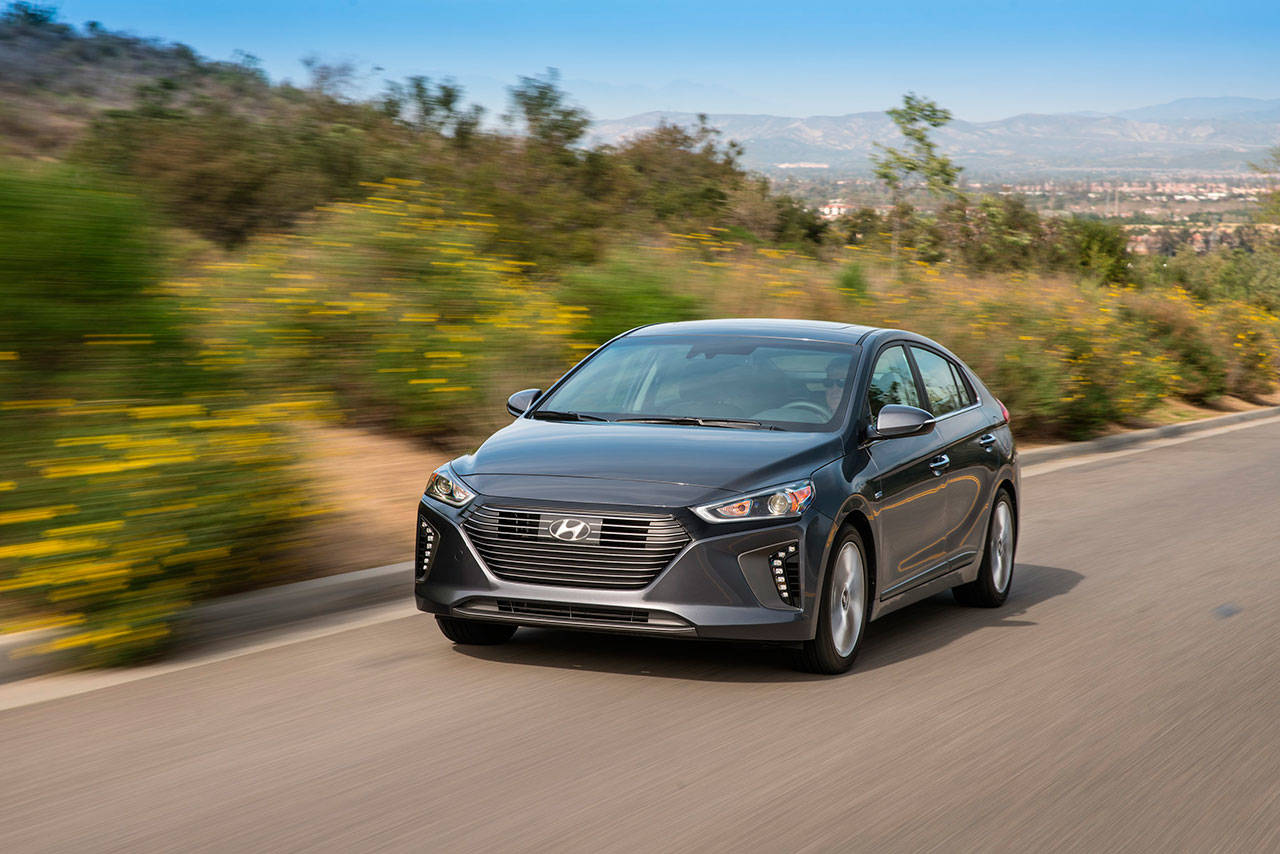 The 2017 Hyundai Ioniq is a new compact five-door hatchback available in hybrid, plug-in hybrid, and all-electric versions. (Manufacturer photo)