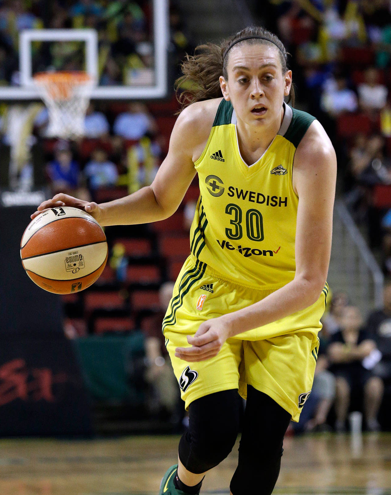 The Storm’s Breanna Stewart in action against the Sun in a game July 12, 2017, in Seattle. (AP Photo/Elaine Thompson)