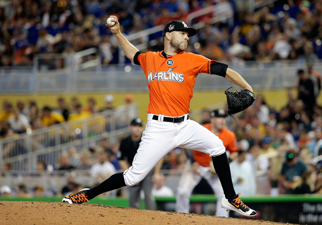Miami Marlins reliever David Phelps throws a pitch during a game against Pittsburgh in April. (AP Photo/Lynne Sladky)