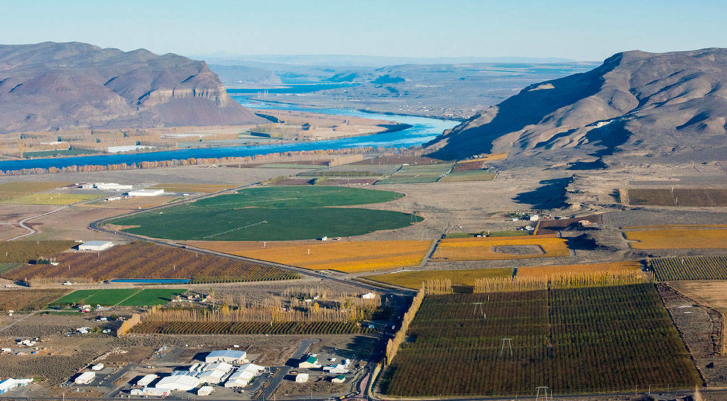 The Columbia River serves as a boundary for the Wahluke Slope, a federally approved viticultural area that surrounds the town of Mattawa, Washington. (Photo courtesy of the Washington State Wine Commission)
