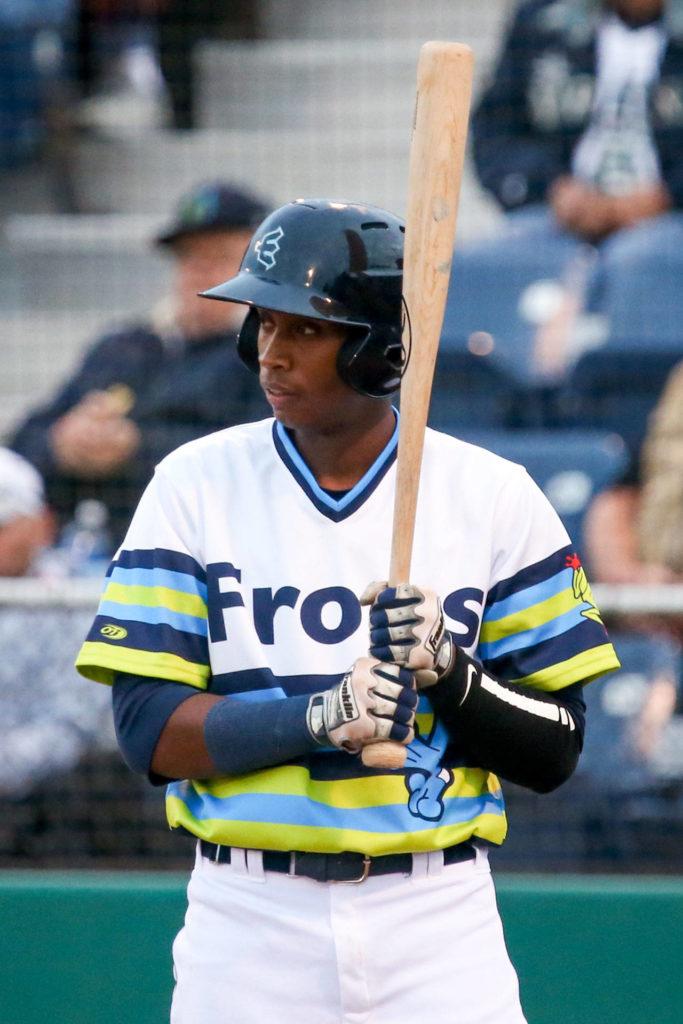 The AquaSox’s Ronald Rosario bats against the Hawks during a game July 21, 2017, at Everett Memorial Stadium. (Kevin Clark / The Herald)
