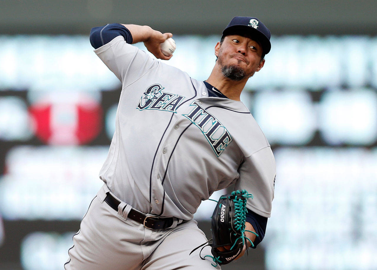 Mariners pitcher Yovani Gallardo throws against the Twins during a game June 12, 2017, in Minneapolis. (AP Photo/Jim Mone)