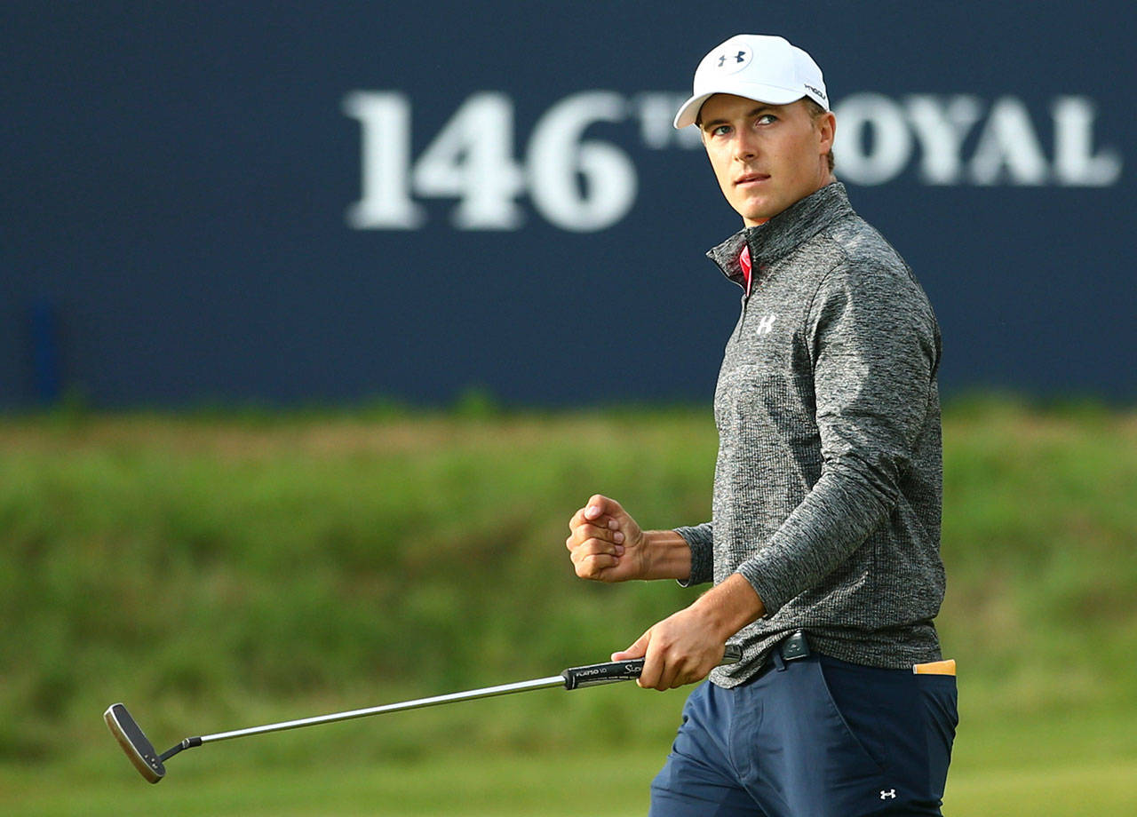 The United States’ Jordan Spieth celebrates on the 18th green after the third round of the British Open on July 22, 2017, at Royal Birkdale in Southport, England. (AP Photo/Dave Thompson)